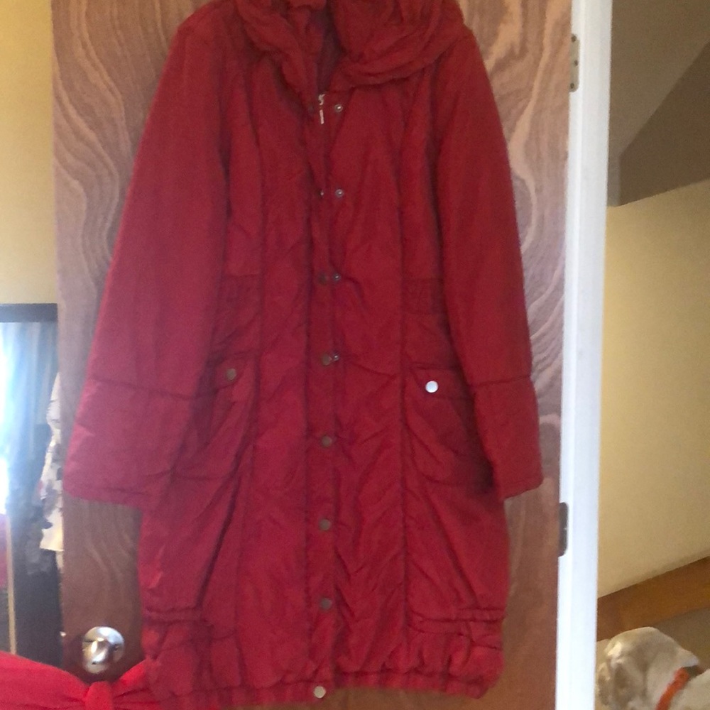 Red puffer coat.